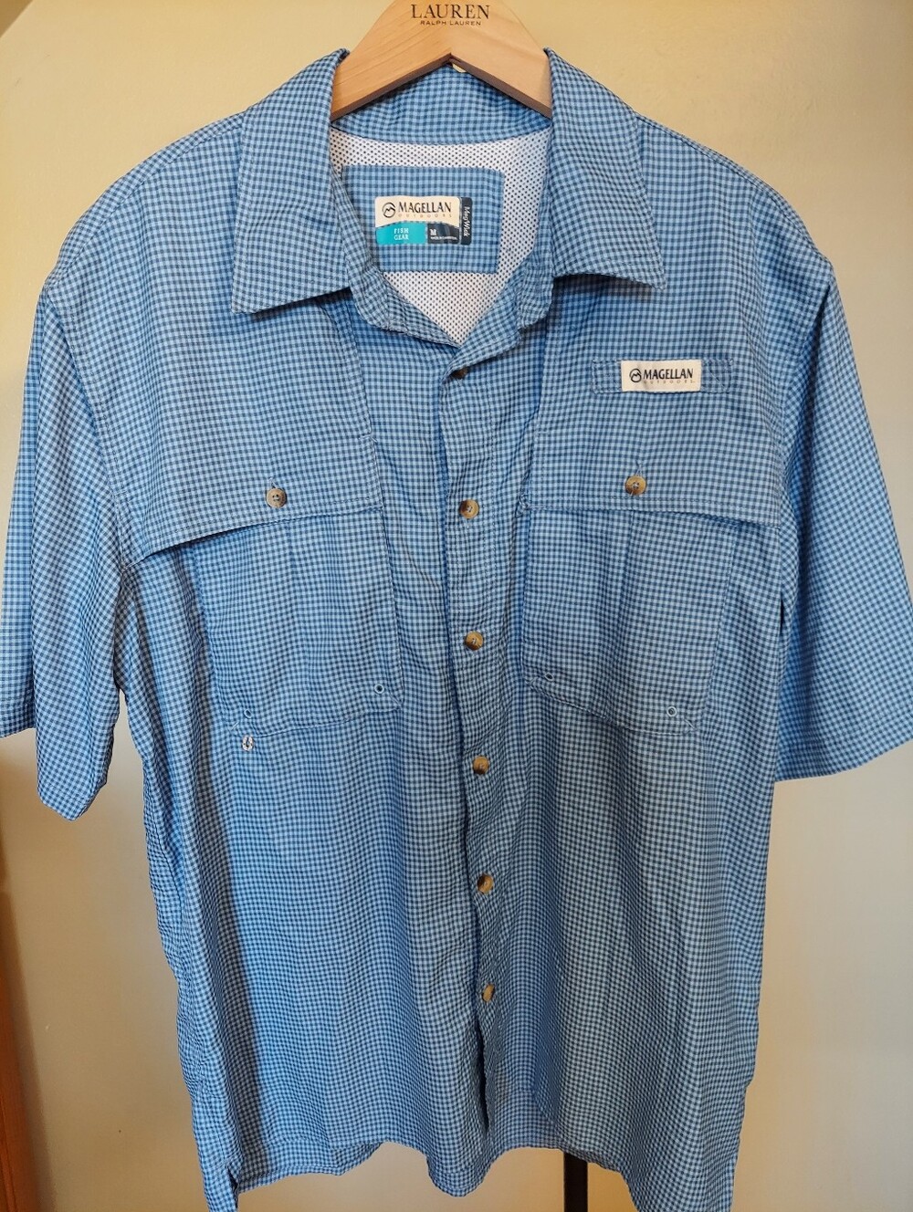 Magellan Outdoors Outdoors Men's Blue Gingham Short-Sleeve Shirt Fish Gear Sz M